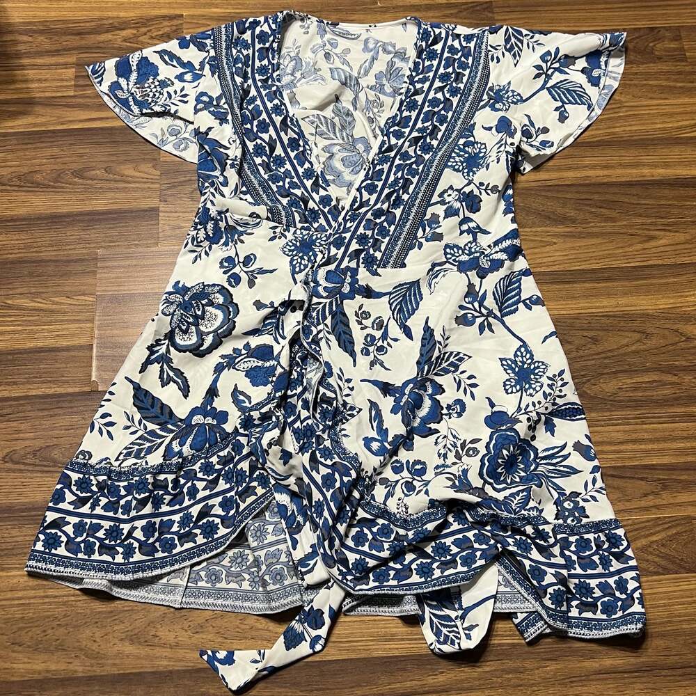SHEIN VCAY Floral Print Surplice Neck Ruffle Hem Mini Dress - Picture 2 of 3